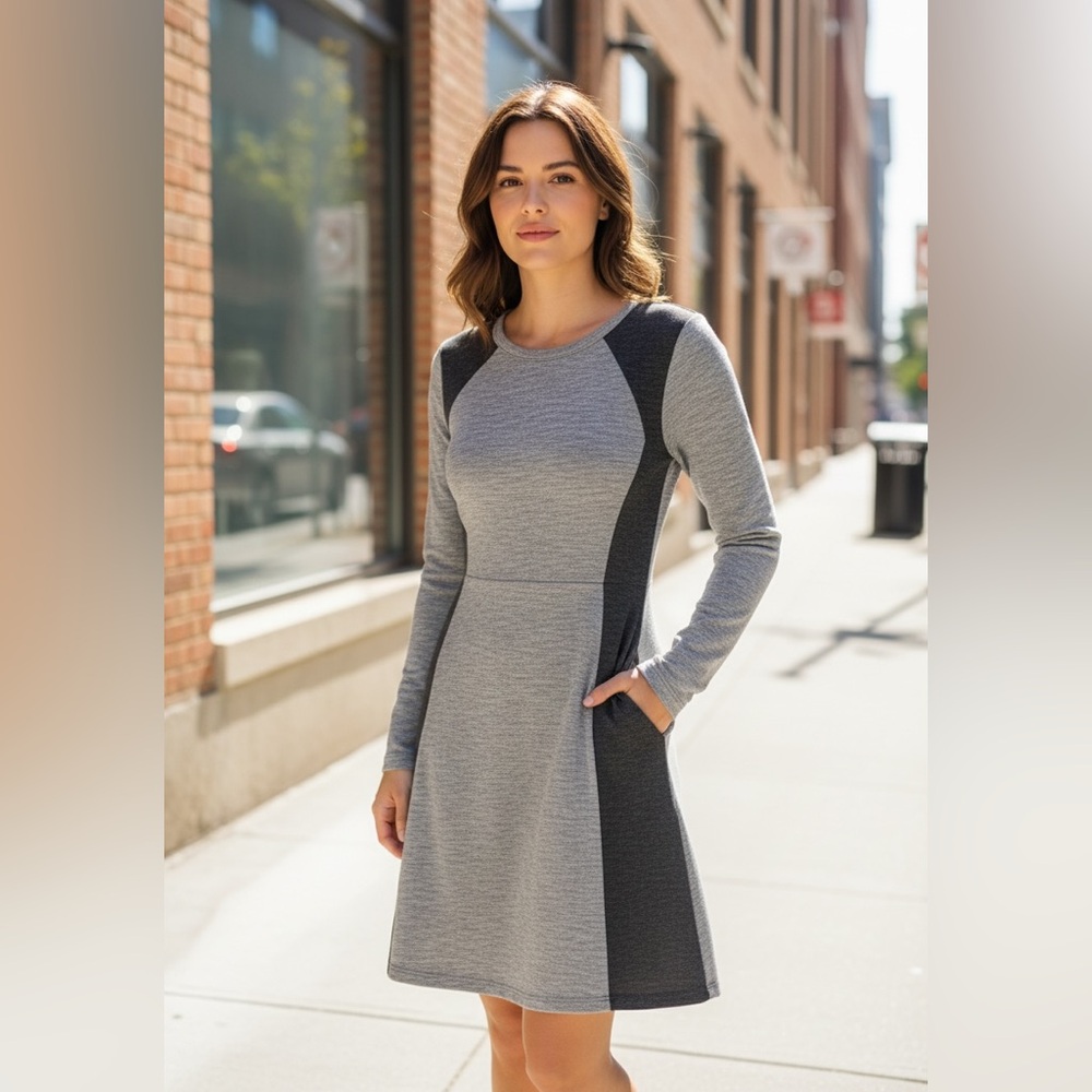 Nation Ltd By Jen Menchaca •XS• Black Grey Fit Flare Long Sleeve Dress